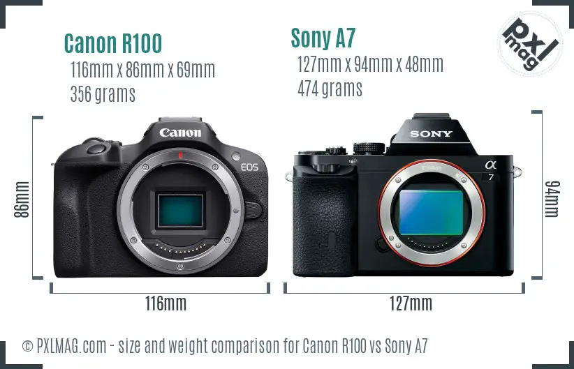 Canon R100 vs Sony A7 size comparison