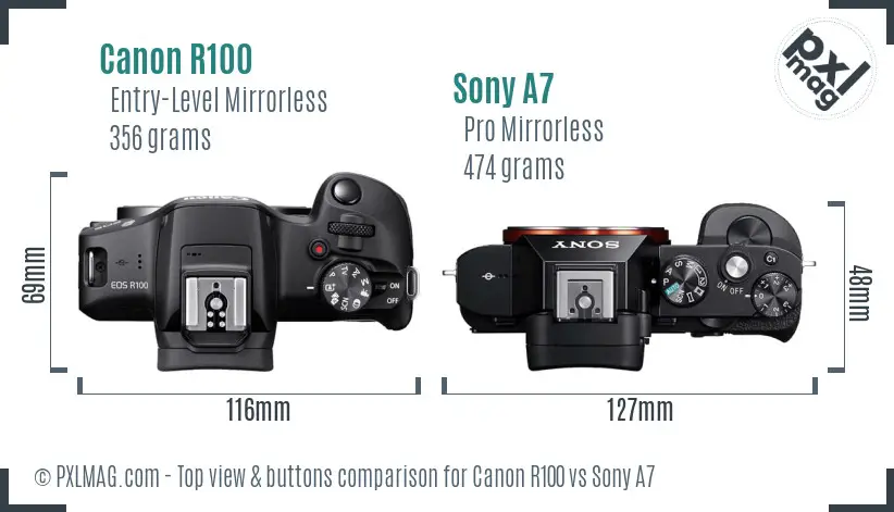 Canon R100 vs Sony A7 top view buttons comparison