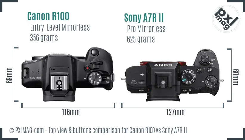 Canon R100 vs Sony A7R II top view buttons comparison