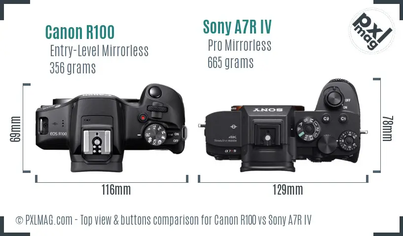 Canon R100 vs Sony A7R IV top view buttons comparison