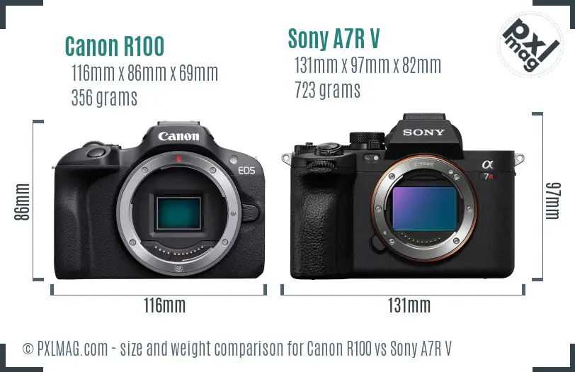 Canon R100 vs Sony A7R V size comparison