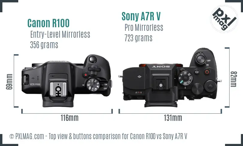 Canon R100 vs Sony A7R V top view buttons comparison