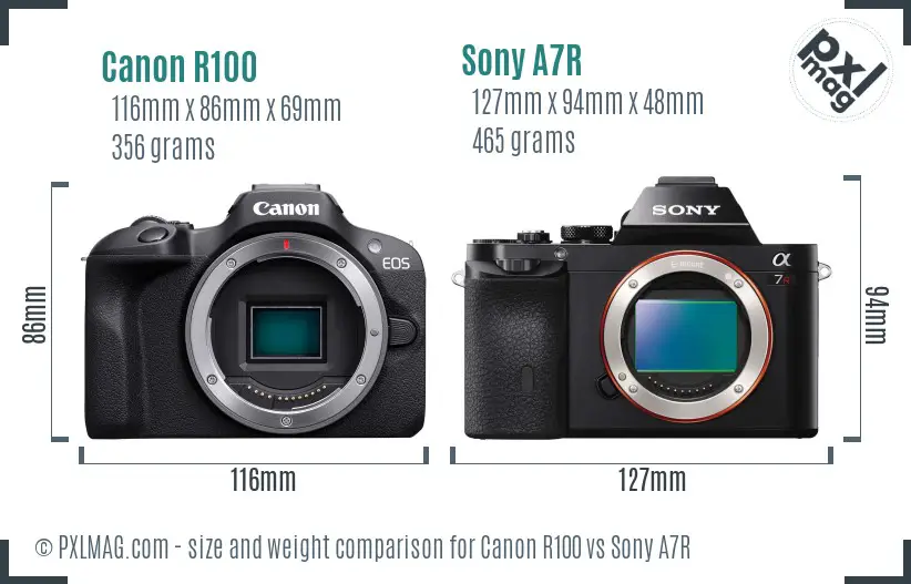 Canon R100 vs Sony A7R size comparison