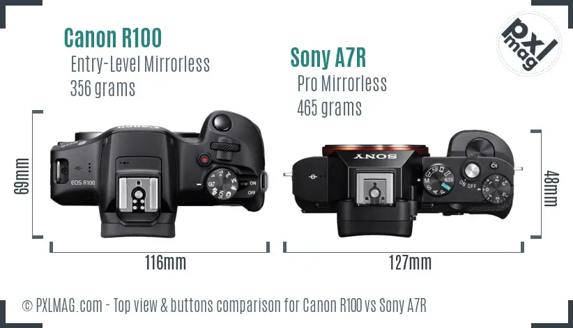 Canon R100 vs Sony A7R top view buttons comparison