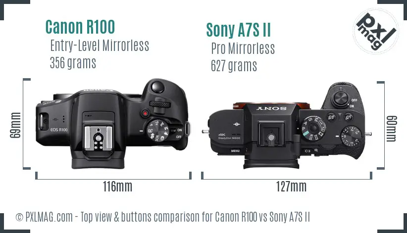 Canon R100 vs Sony A7S II top view buttons comparison