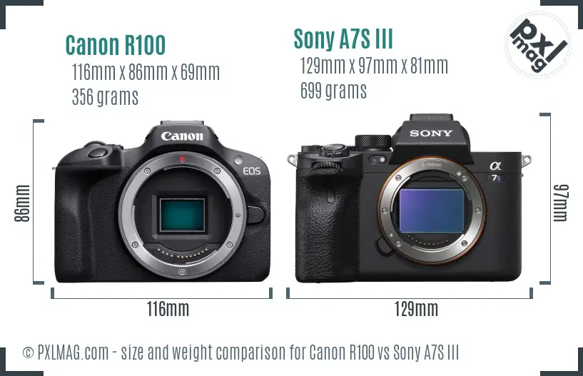 Canon R100 vs Sony A7S III size comparison