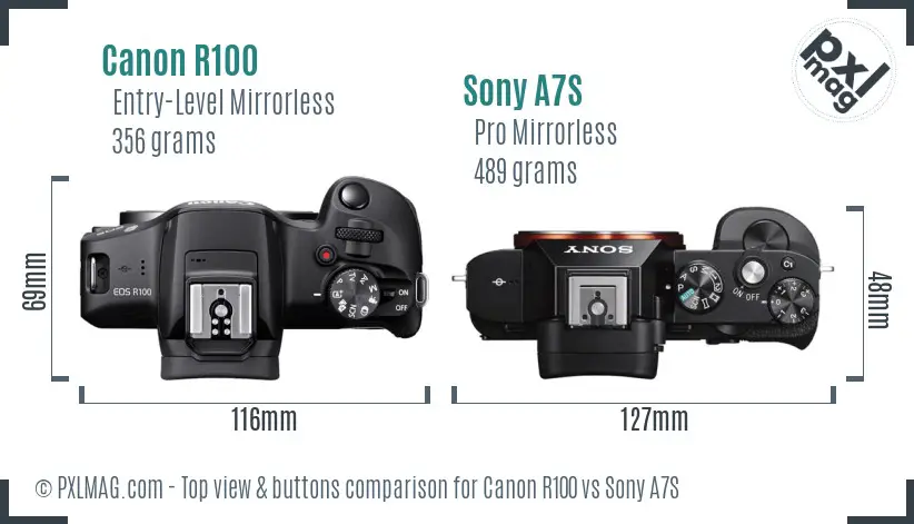 Canon R100 vs Sony A7S top view buttons comparison Canon R100 vs Sony A7S top view buttons comparison