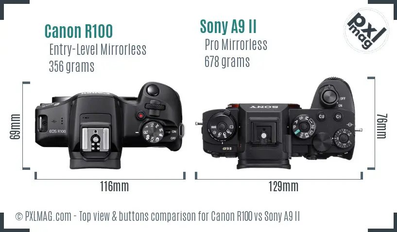 Canon R100 vs Sony A9 II top view buttons comparison