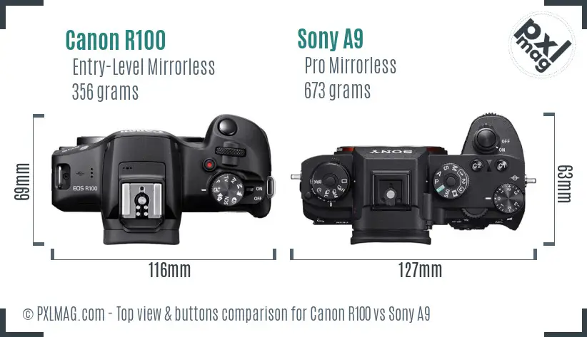 Canon R100 vs Sony A9 top view buttons comparison