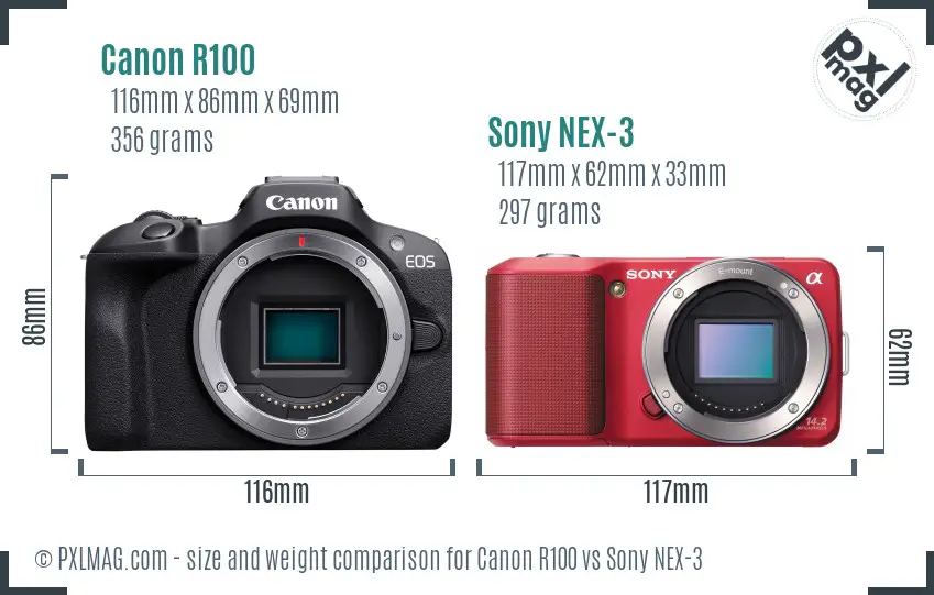 Canon R100 vs Sony NEX-3 size comparison