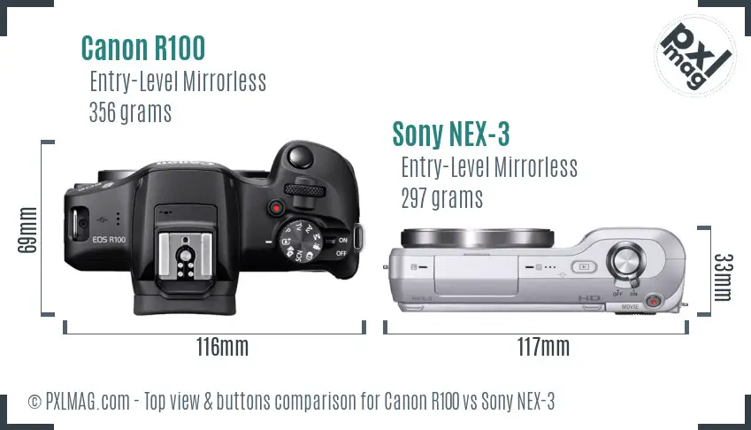 Canon R100 vs Sony NEX-3 top view buttons comparison