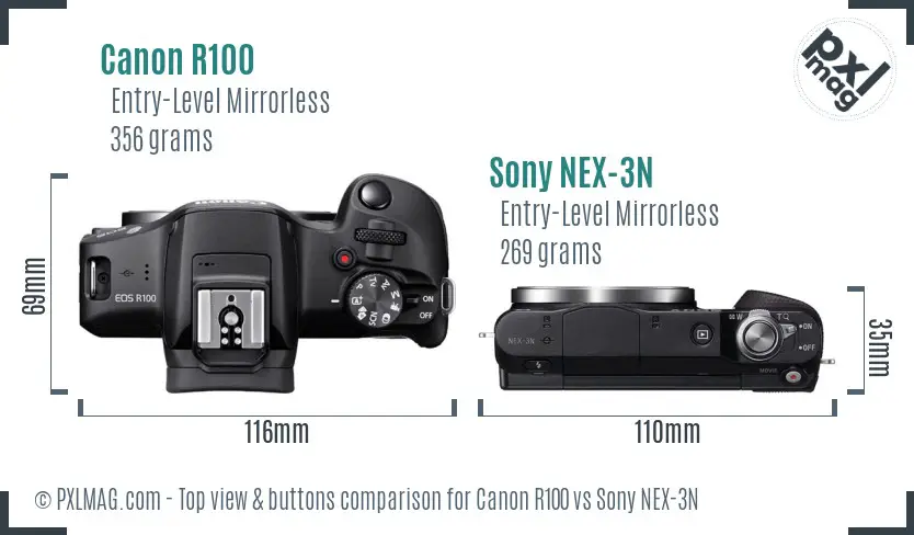 Canon R100 vs Sony NEX-3N top view buttons comparison