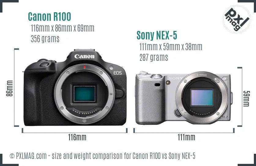 Canon R100 vs Sony NEX-5 size comparison