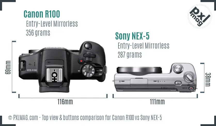 Canon R100 vs Sony NEX-5 top view buttons comparison