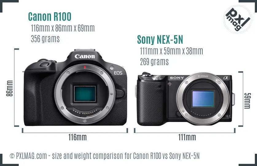 Canon R100 vs Sony NEX-5N size comparison