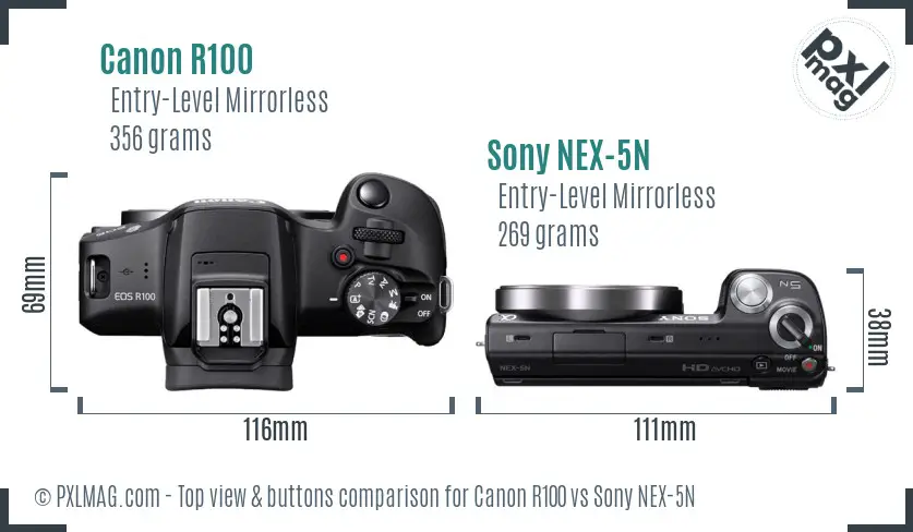 Canon R100 vs Sony NEX-5N top view buttons comparison