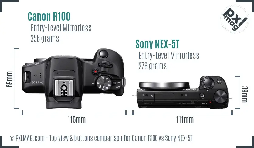 Canon R100 vs Sony NEX-5T top view buttons comparison Canon R100 vs Sony NEX-5T top view buttons comparison