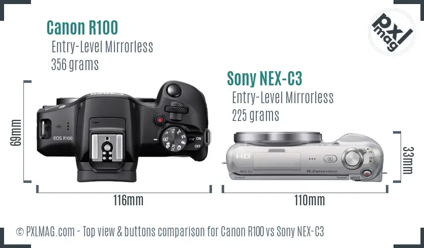 Canon R100 vs Sony NEX-C3 top view buttons comparison