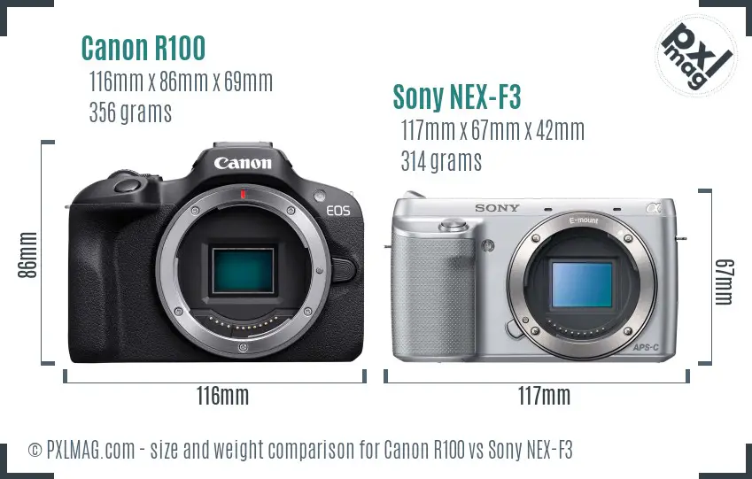 Canon R100 vs Sony NEX-F3 size comparison