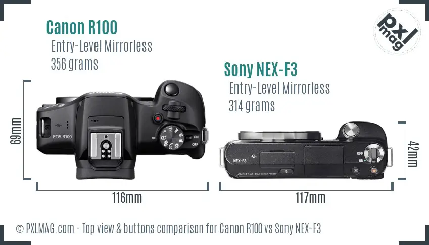 Canon R100 vs Sony NEX-F3 top view buttons comparison