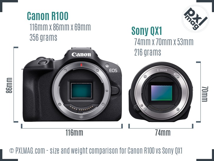 Canon R100 vs Sony QX1 size comparison