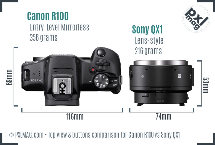 Canon R100 vs Sony QX1 top view buttons comparison