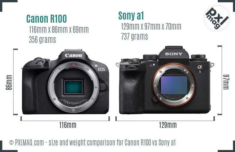 Canon R100 vs Sony a1 size comparison