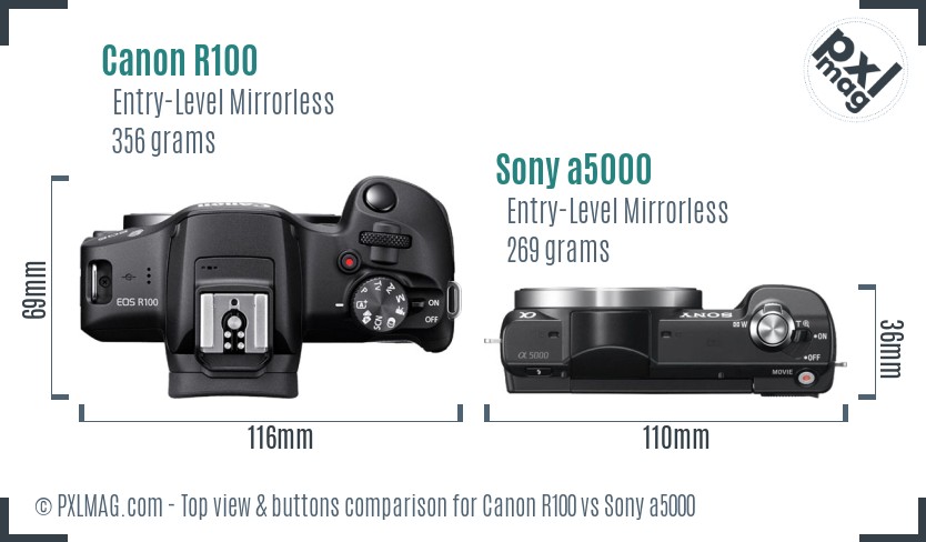 Canon R100 vs Sony a5000 top view buttons comparison