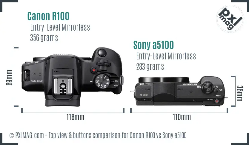 Canon R100 vs Sony a5100 top view buttons comparison