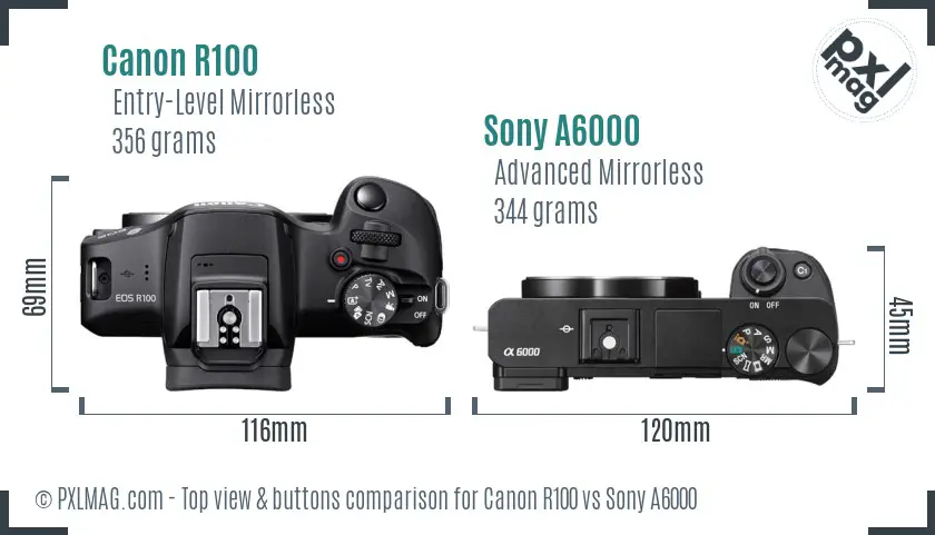 Canon R100 vs Sony A6000 top view buttons comparison