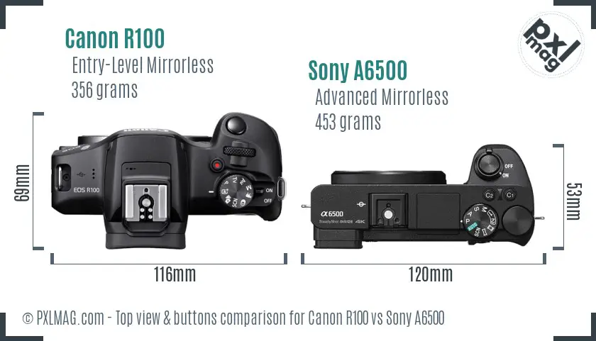Canon R100 vs Sony A6500 top view buttons comparison Canon R100 vs Sony A6500 top view buttons comparison