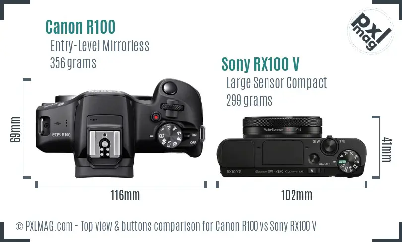 Canon R100 vs Sony RX100 V top view buttons comparison