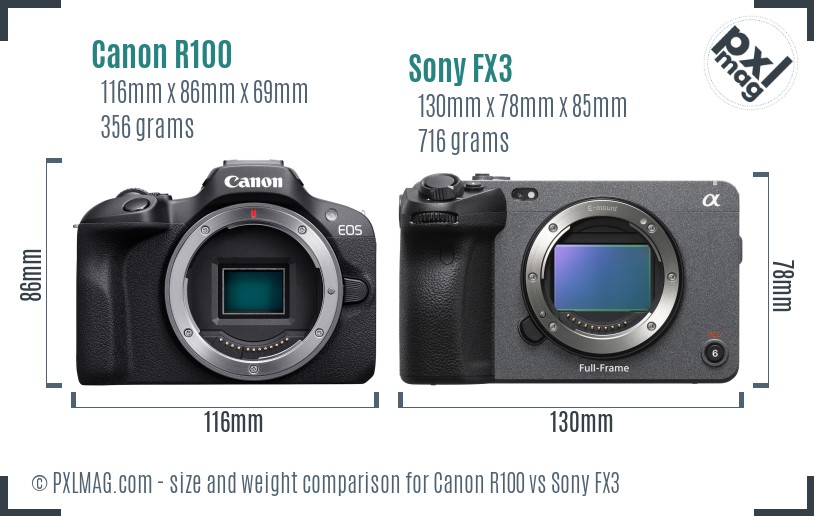 Canon R100 vs Sony FX3 size comparison
