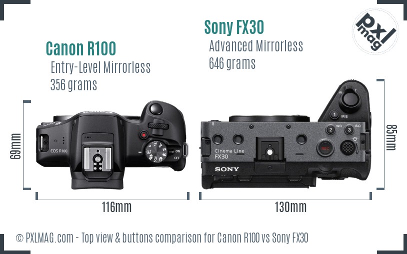 Canon R100 vs Sony FX30 top view buttons comparison