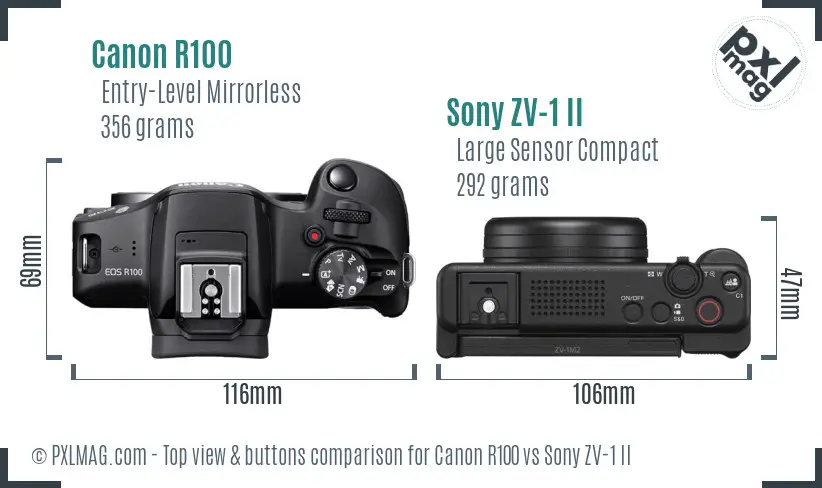 Canon R100 vs Sony ZV-1 II top view buttons comparison Canon R100 vs Sony ZV-1 II top view buttons comparison