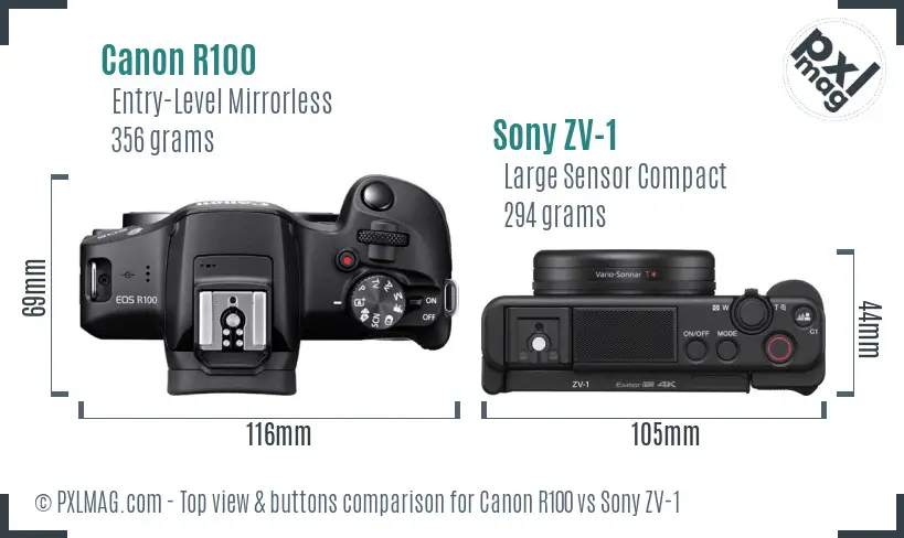 Canon R100 vs Sony ZV-1 top view buttons comparison Canon R100 vs Sony ZV-1 top view buttons comparison
