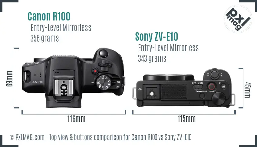 Canon R100 vs Sony ZV-E10 top view buttons comparison