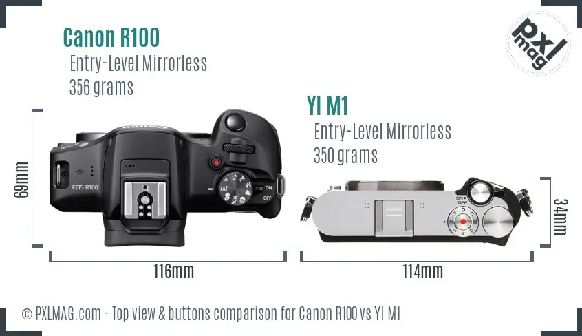 Canon R100 vs YI M1 top view buttons comparison