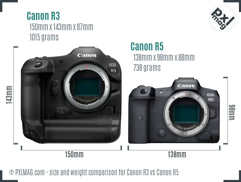 Canon R3 vs Canon R5 size comparison