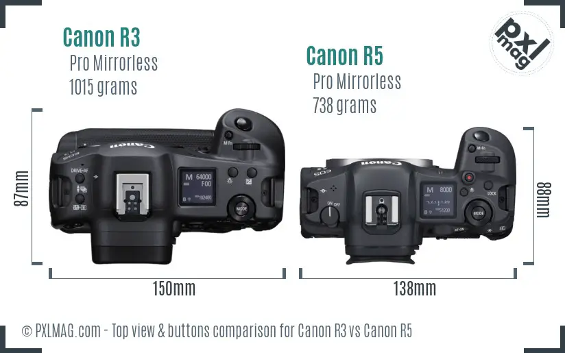 Canon R3 vs Canon R5 top view buttons comparison