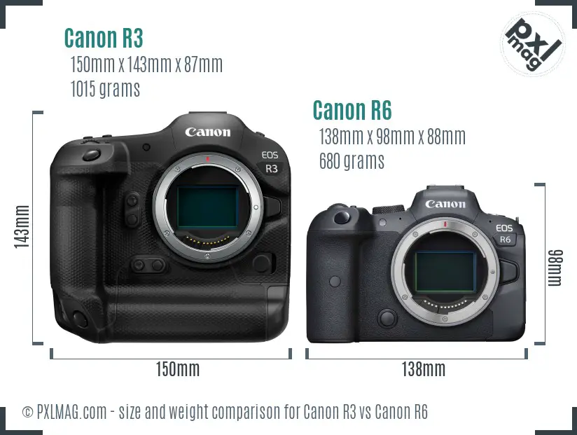 Canon R3 vs Canon R6 size comparison