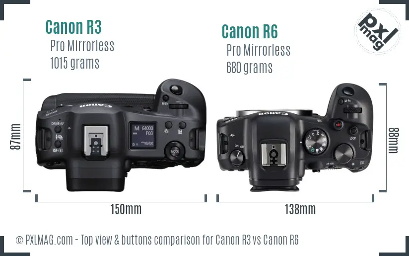Canon R3 vs Canon R6 top view buttons comparison
