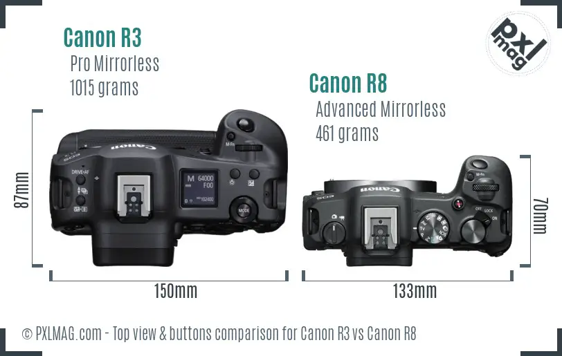 Canon R3 vs Canon R8 top view buttons comparison