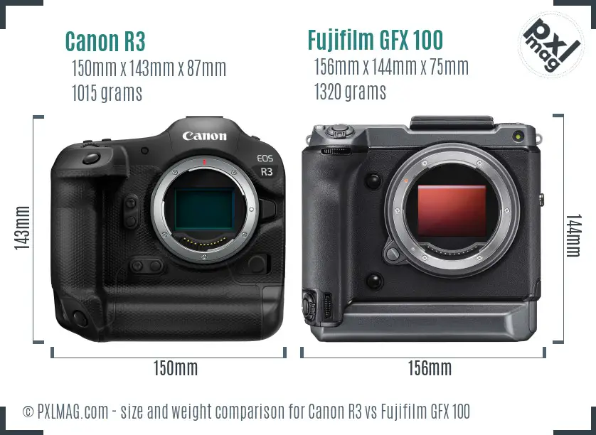 Canon R3 vs Fujifilm GFX 100 size comparison