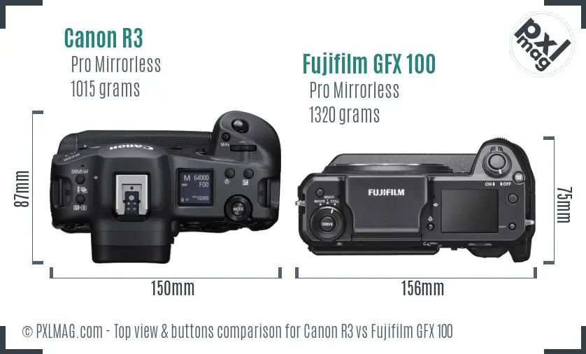 Canon R3 vs Fujifilm GFX 100 top view buttons comparison