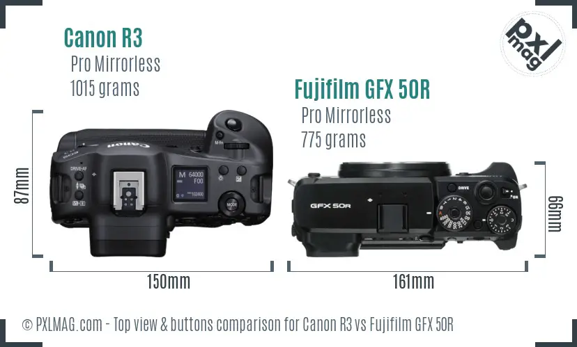 Canon R3 vs Fujifilm GFX 50R top view buttons comparison