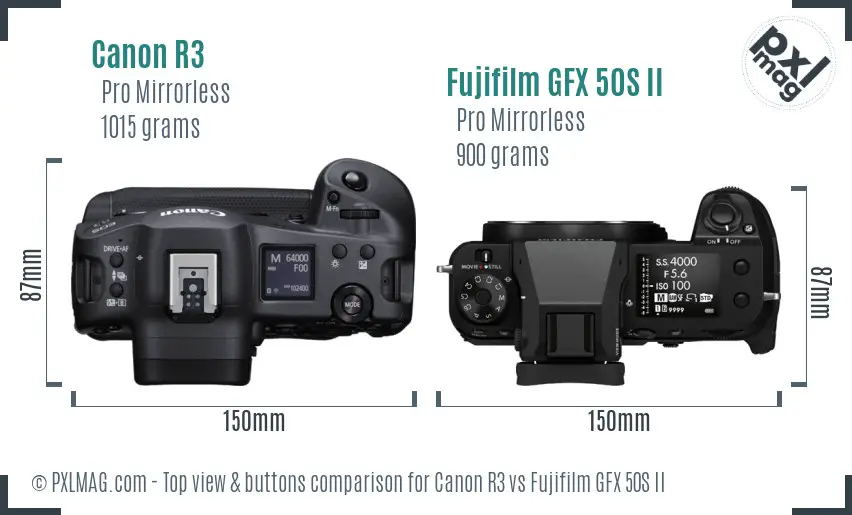 Canon R3 vs Fujifilm GFX 50S II top view buttons comparison