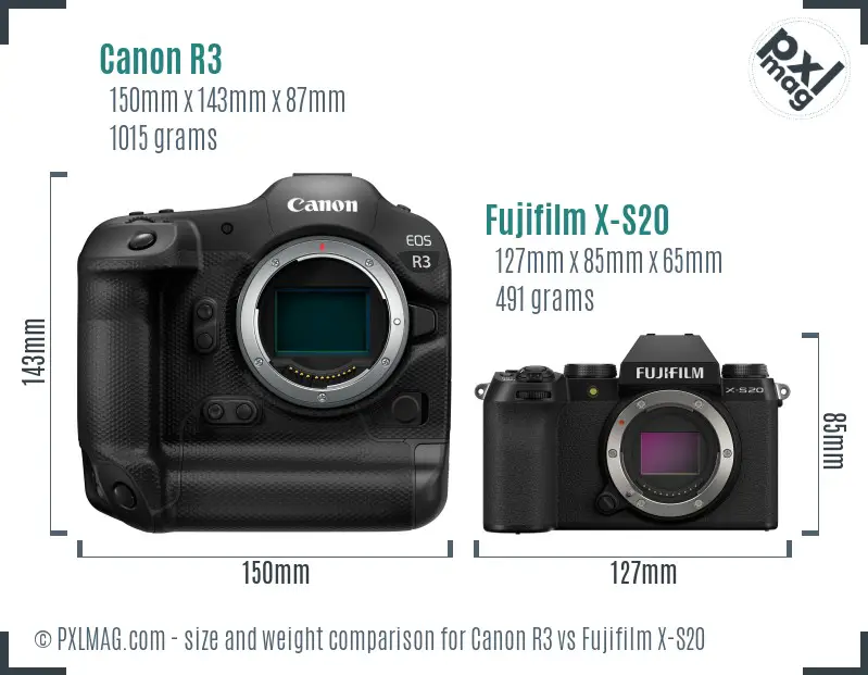 Canon R3 vs Fujifilm X-S20 size comparison Canon R3 vs Fujifilm X-S20 size comparison