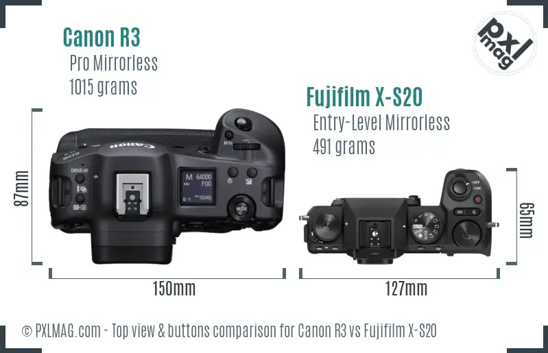 Canon R3 vs Fujifilm X-S20 top view buttons comparison Canon R3 vs Fujifilm X-S20 top view buttons comparison