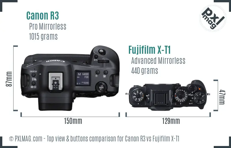 Canon R3 vs Fujifilm X-T1 top view buttons comparison